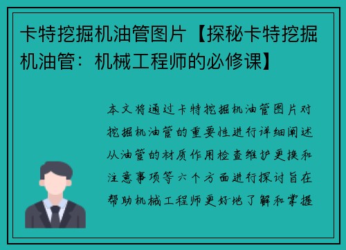 卡特挖掘机油管图片【探秘卡特挖掘机油管：机械工程师的必修课】